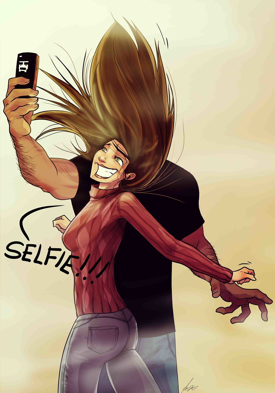 Husband and wife take a selfie - Funny Cartoon